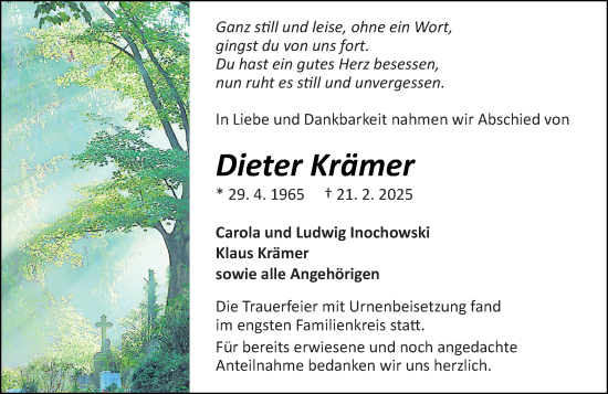 Traueranzeige von Dieter Krämer von Odenwälder Echo