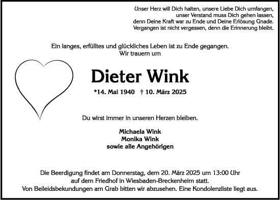 Traueranzeige von Dieter Wink von Wiesbadener Kurier