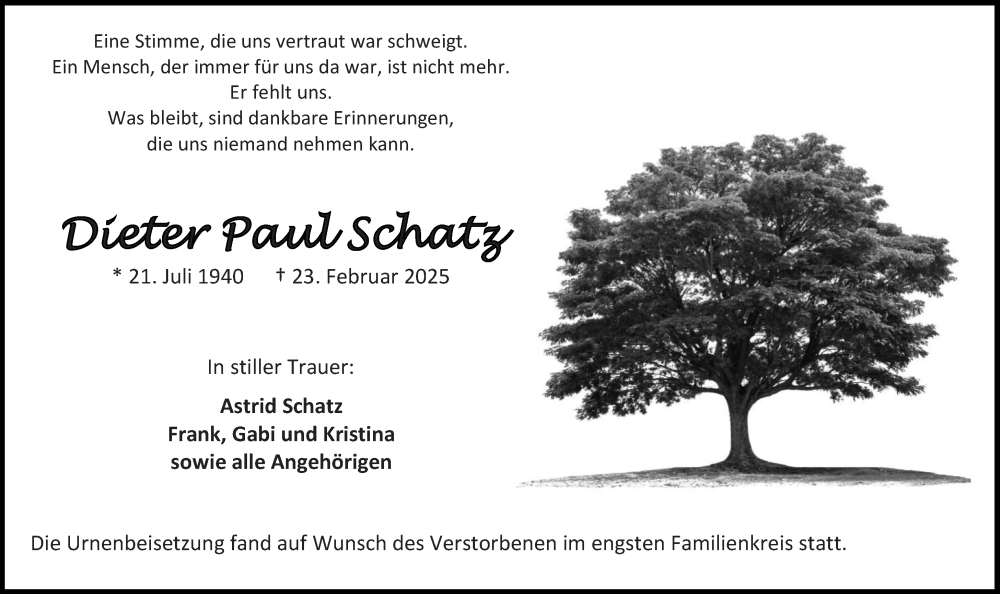  Traueranzeige für Dieter Paul Schatz vom 08.03.2025 aus Allgemeine Zeitung Mainz