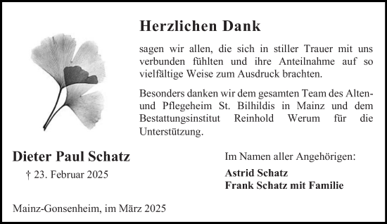 Traueranzeige von Dieter Paul Schatz von Allgemeine Zeitung Mainz