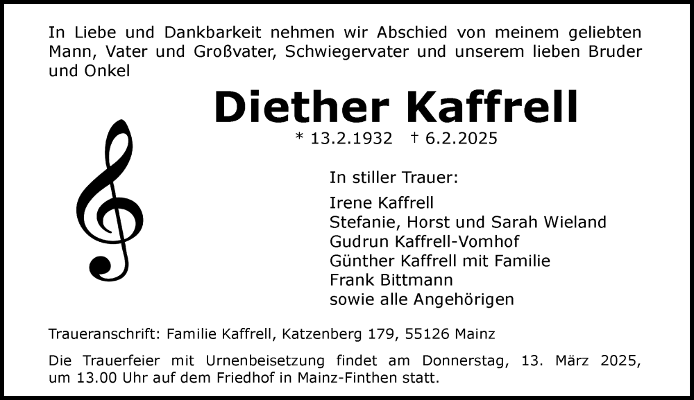 Traueranzeige für Diether Kaffrell vom 08.03.2025 aus Allgemeine Zeitung Mainz