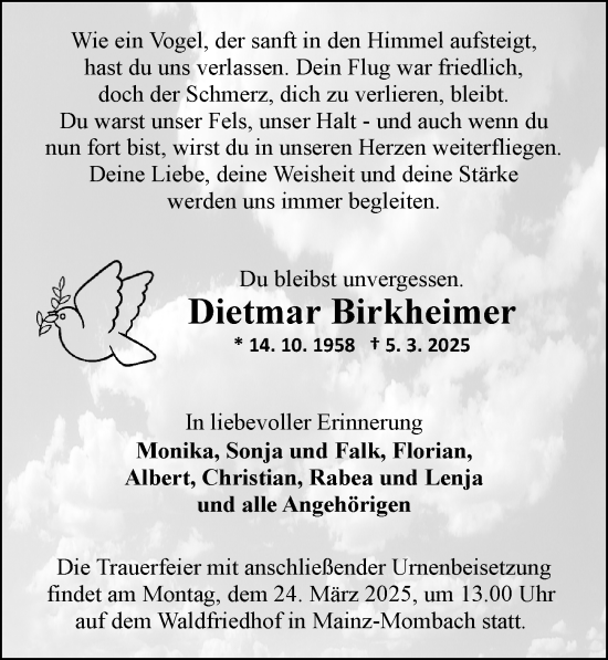 Traueranzeige von Dietmar Birkheimer von Allgemeine Zeitung Mainz