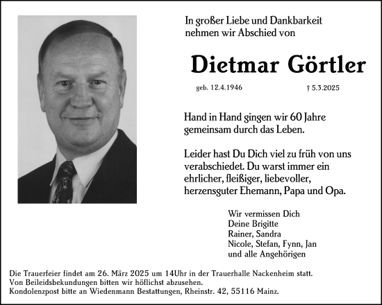 Traueranzeige von Dietmar Görtler von Allgemeine Zeitung Mainz