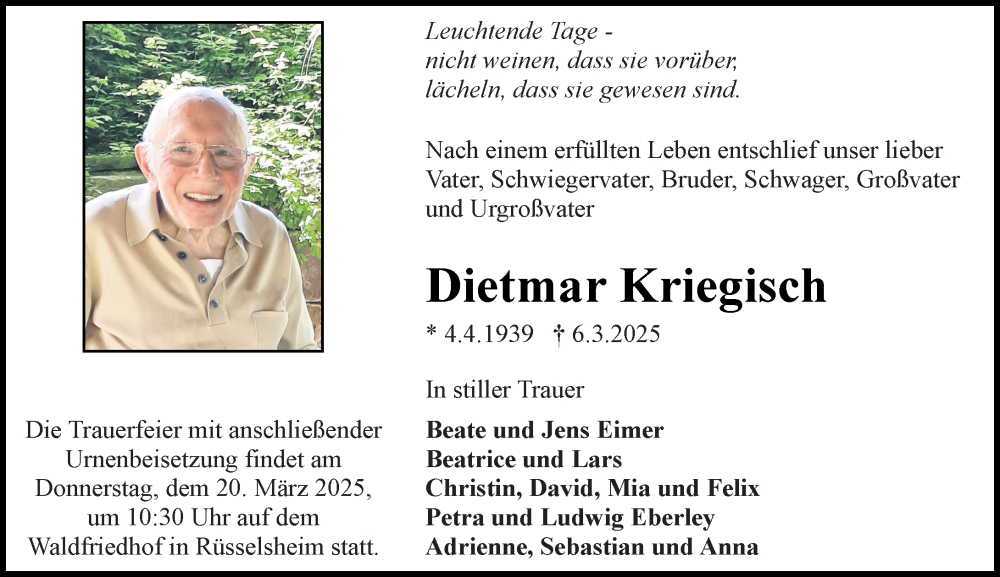  Traueranzeige für Dietmar Kriegisch vom 15.03.2025 aus Rüsselsheimer Echo