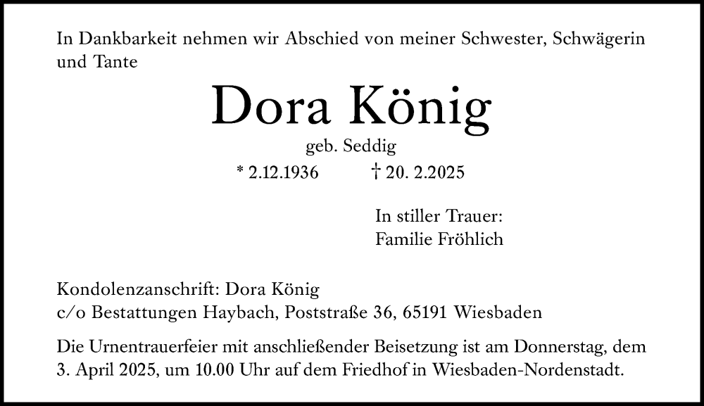  Traueranzeige für Dora König vom 29.03.2025 aus Wiesbadener Kurier
