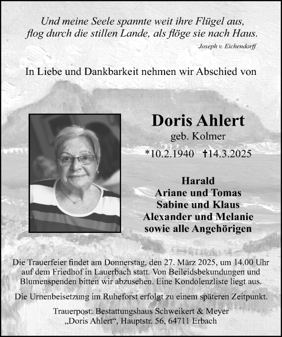 Traueranzeige von Doris Ahlert von Odenwälder Echo