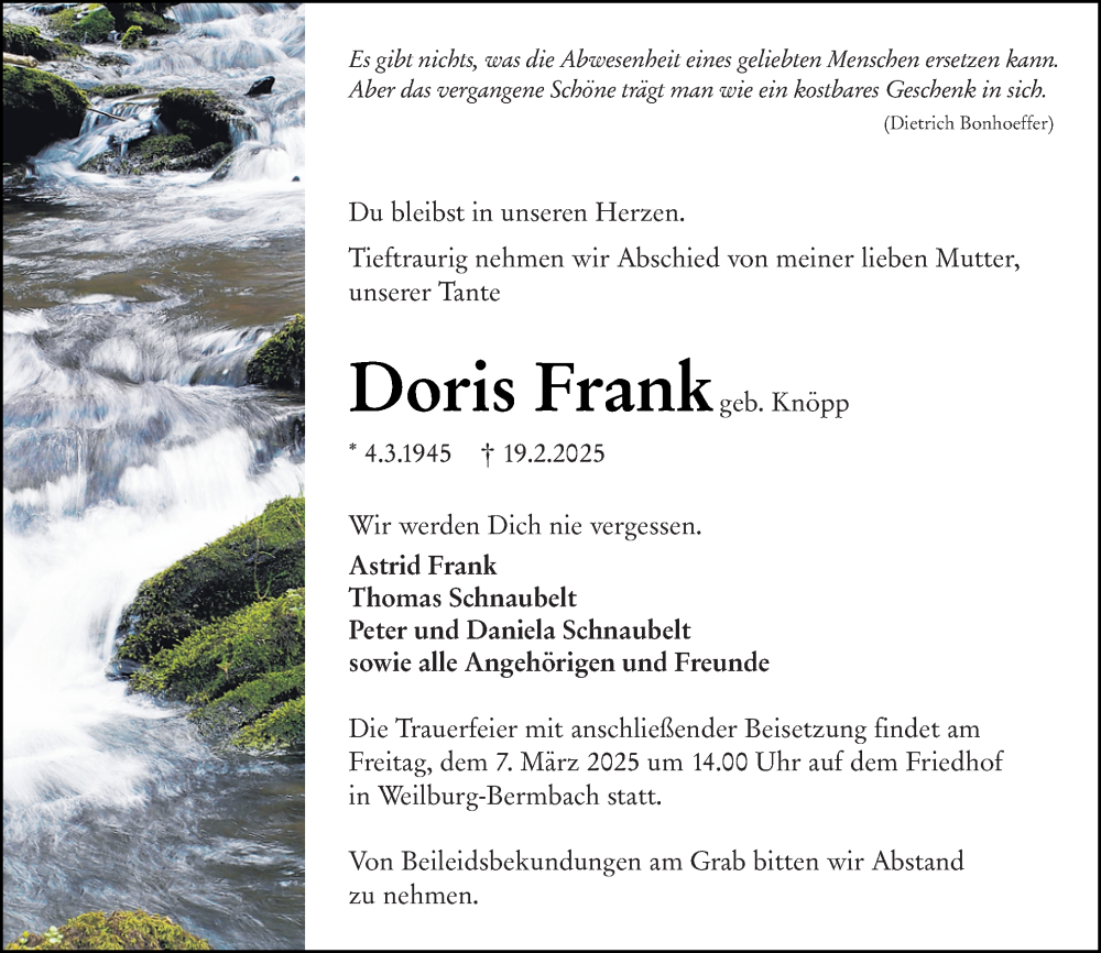  Traueranzeige für Doris Frank vom 01.03.2025 aus Weilburger Tageblatt