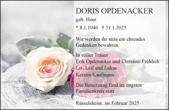Traueranzeige von Doris Opdenacker von Rüsselsheimer Echo