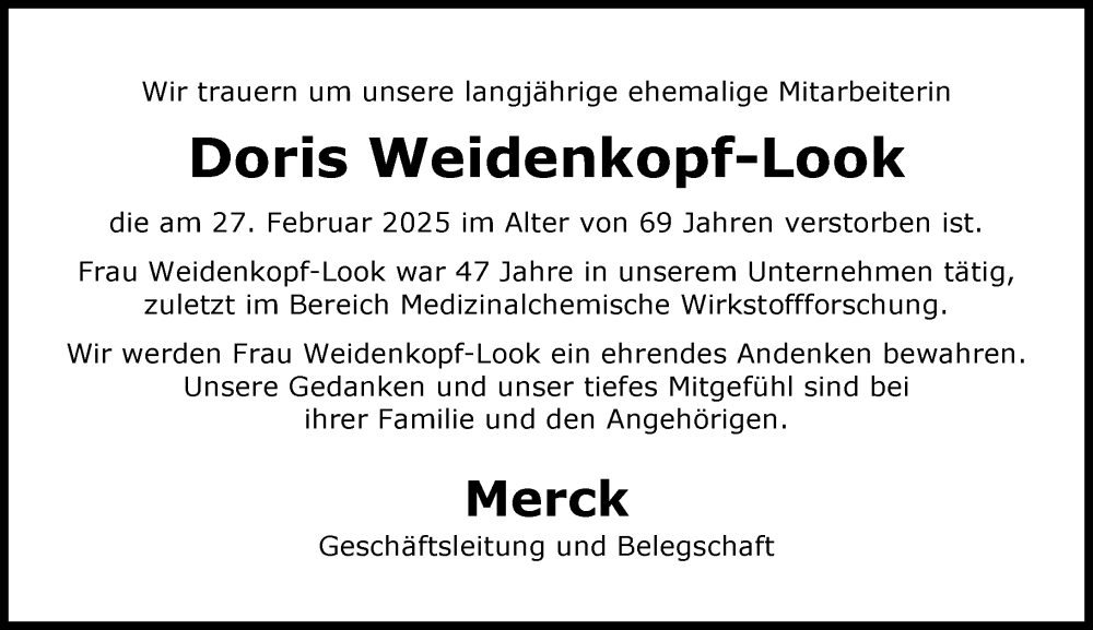  Traueranzeige für Doris Weidenkopf-Look vom 29.03.2025 aus Darmstädter Echo
