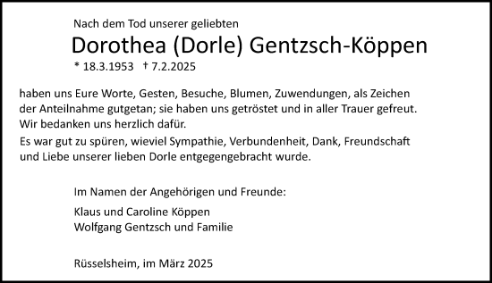 Traueranzeige von Dorothea Gentzsch-Köppen von Rüsselsheimer Echo