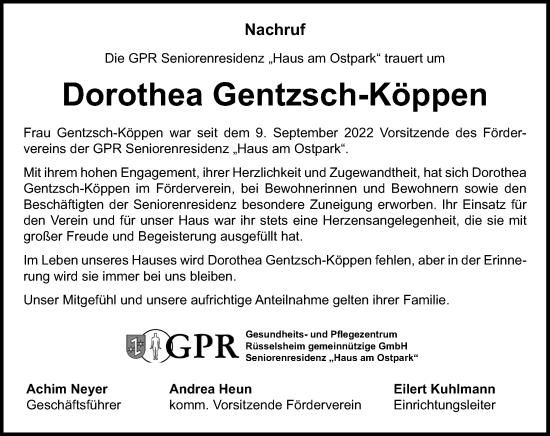 Traueranzeige von Dorothea Gentzsch-Köppen von Rüsselsheimer Echo