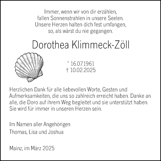 Traueranzeige von Dorothea Klimmeck-Zoll von Allgemeine Zeitung Mainz