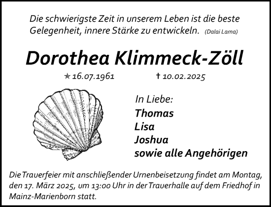 Traueranzeige von Dorothea Klimmeck-Zoll von Allgemeine Zeitung Mainz
