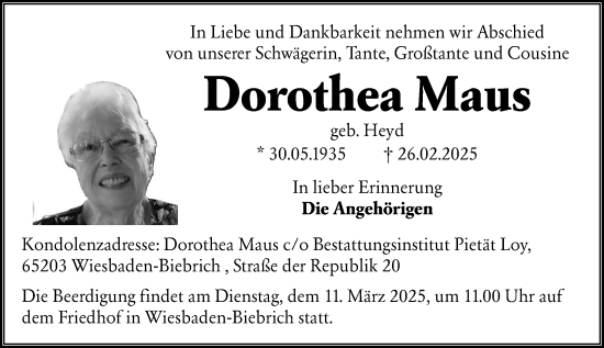 Traueranzeige von Dorothea Maus von Wiesbadener Kurier