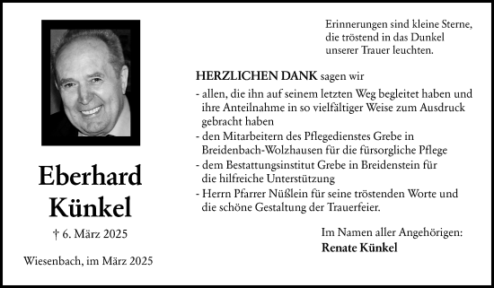 Traueranzeige von Eberhard Künkel von Hinterländer Anzeiger