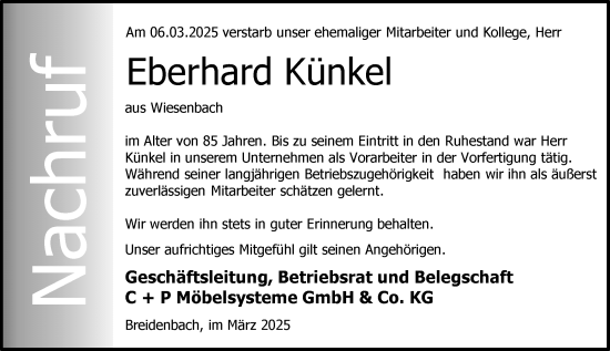Traueranzeige von Eberhard Künkel von Hinterländer Anzeiger
