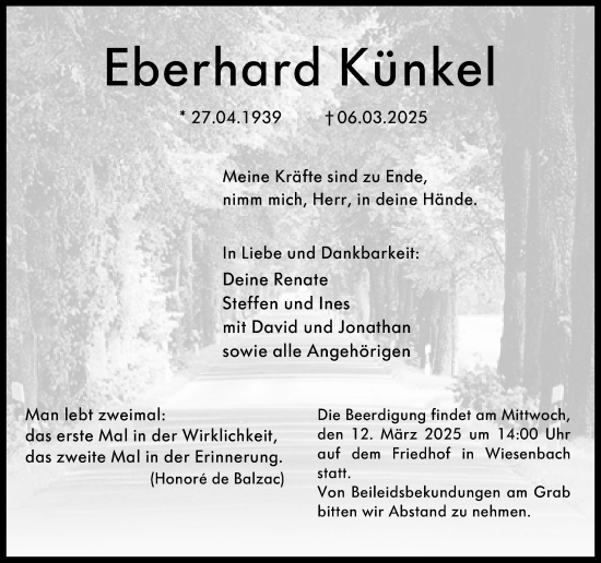 Traueranzeige von Eberhard Künkel von Hinterländer Anzeiger