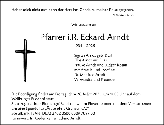 Traueranzeige von Eckard Arndt von Weilburger Tageblatt