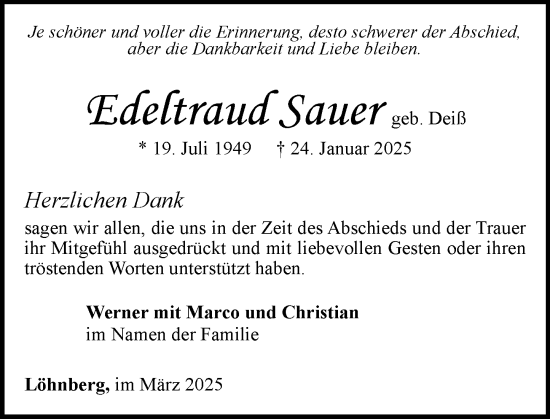 Traueranzeige von Edeltraud Sauer von Weilburger Tageblatt