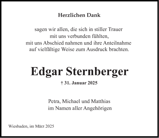Traueranzeige von Edgar Sternberger von Wiesbadener Kurier