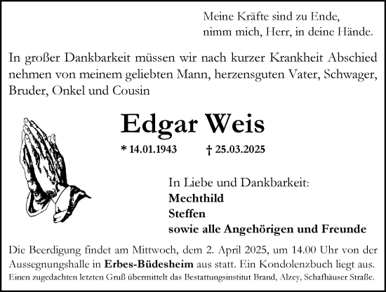 Traueranzeige von Edgar Weis von Allgemeine Zeitung Alzey
