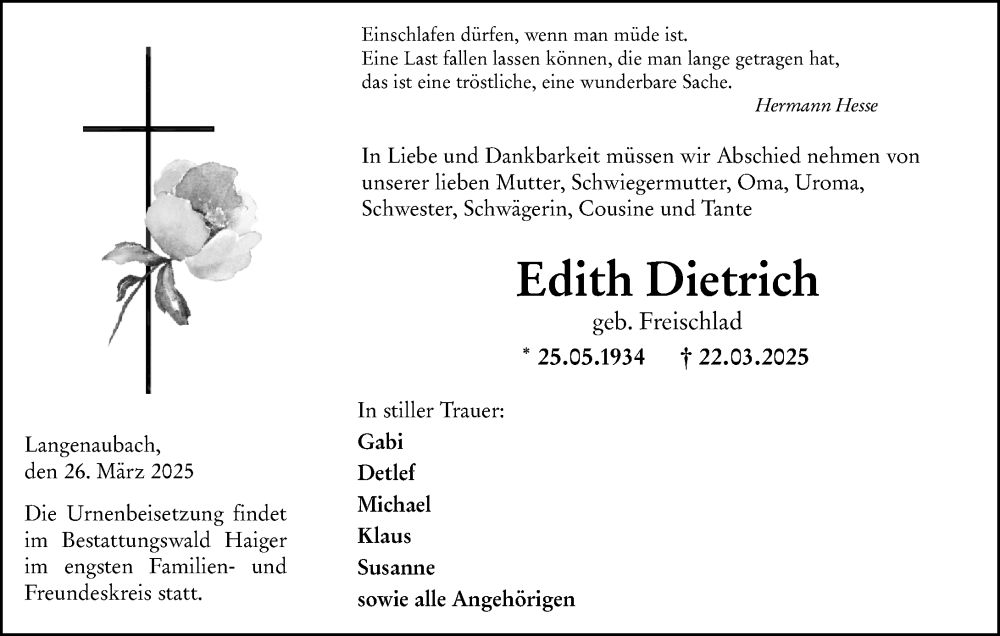  Traueranzeige für Edith Dietrich vom 26.03.2025 aus Dill Block