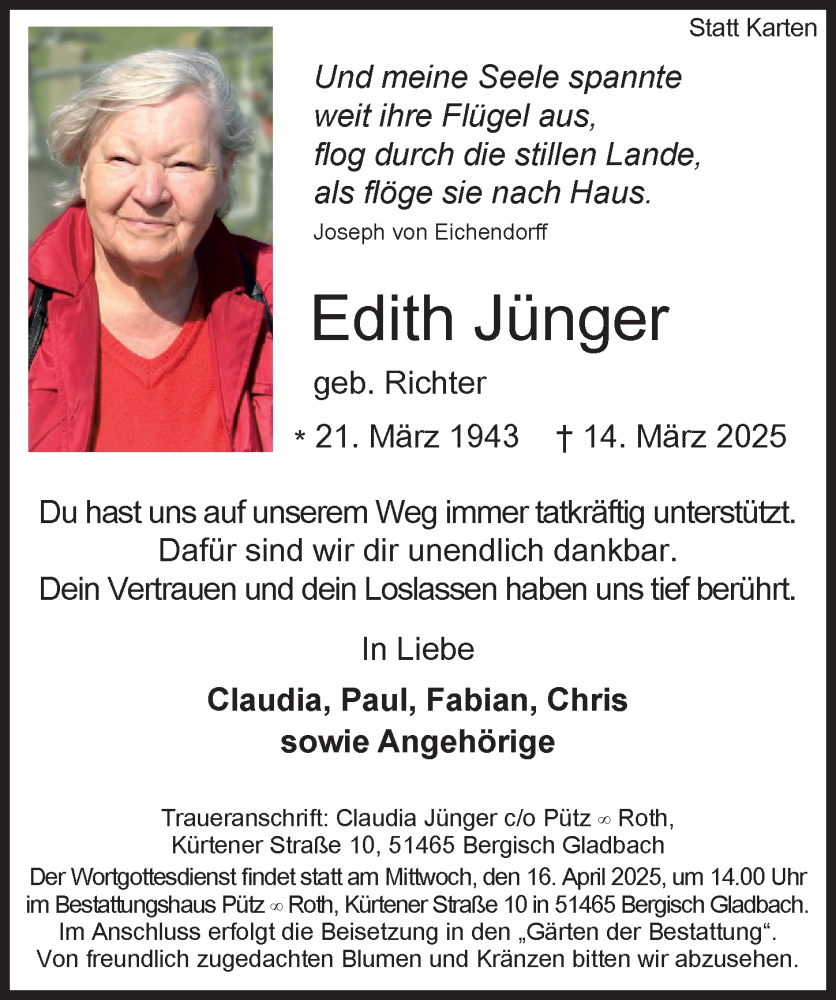  Traueranzeige für Edith Jünger vom 29.03.2025 aus Weilburger Tageblatt