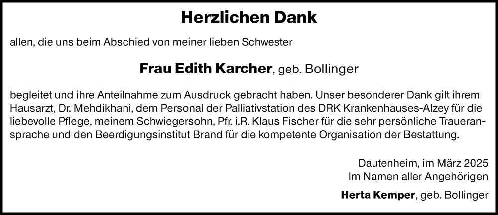  Traueranzeige für Edith Karcher vom 15.03.2025 aus Allgemeine Zeitung Alzey