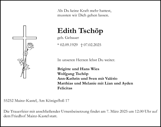 Traueranzeige von Edith Tschöp von Allgemeine Zeitung Mainz