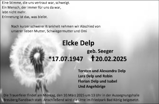 Traueranzeige von Elcke Delp von Odenwälder Echo