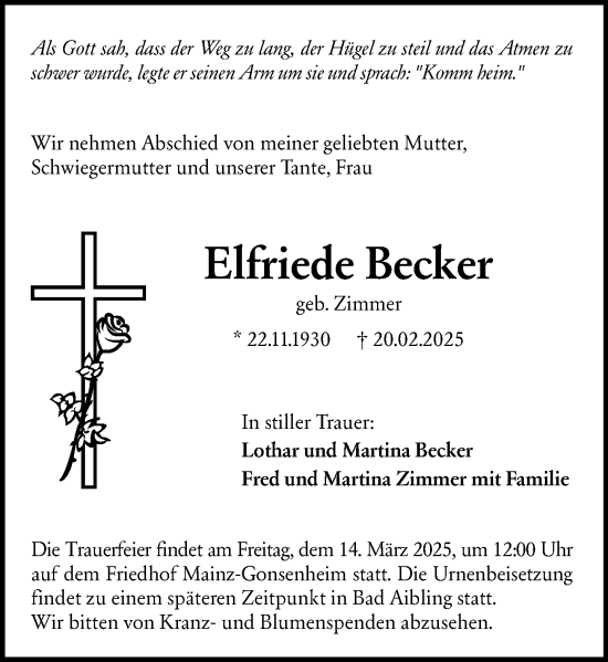 Traueranzeige von Elfriede Becker von Allgemeine Zeitung Mainz