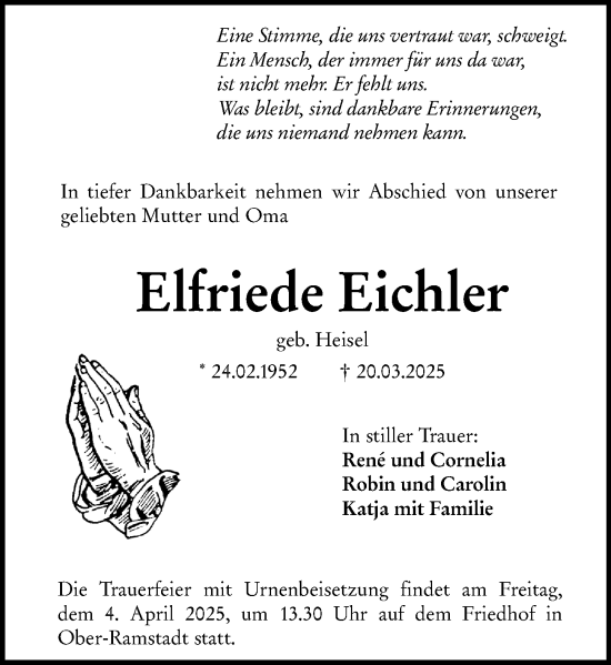 Traueranzeige von Elfriede Eichler von Darmstädter Echo