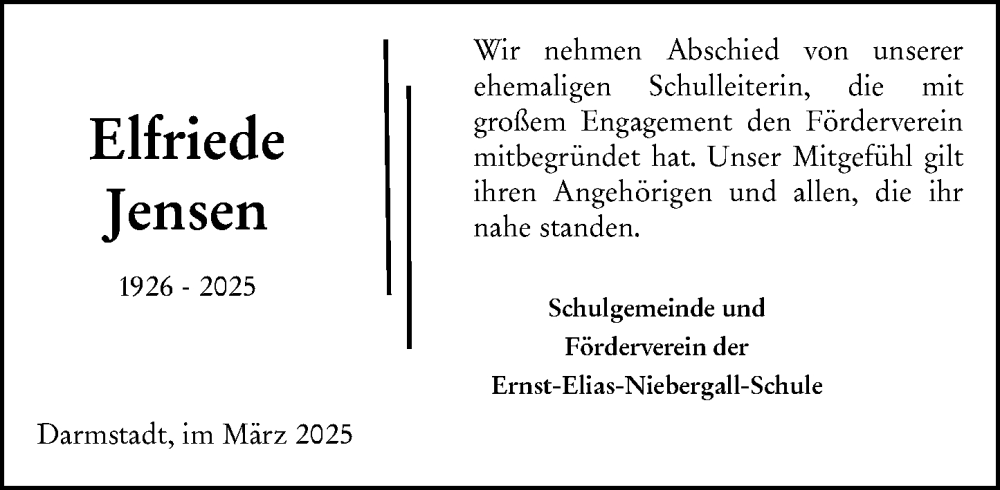  Traueranzeige für Elfriede Jensen vom 20.03.2025 aus Darmstädter Echo