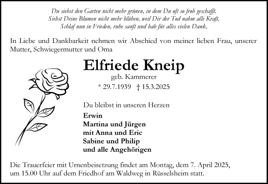 Traueranzeige von Elfriede Kneip von Rüsselsheimer Echo