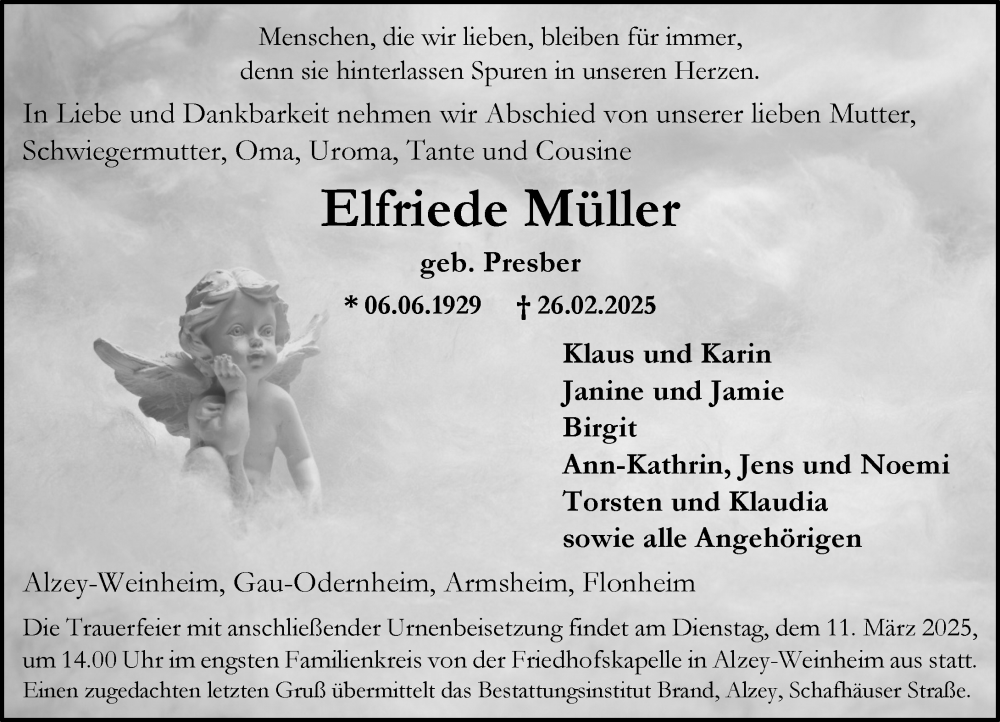  Traueranzeige für Elfriede Müller vom 01.03.2025 aus Allgemeine Zeitung Alzey