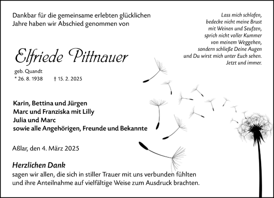 Traueranzeige von Elfriede Pittnauer von Wetzlarer Neue Zeitung