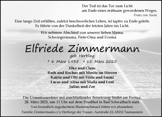 Traueranzeige von Elfriede Zimmermann von Idsteiner Land/Untertaunus