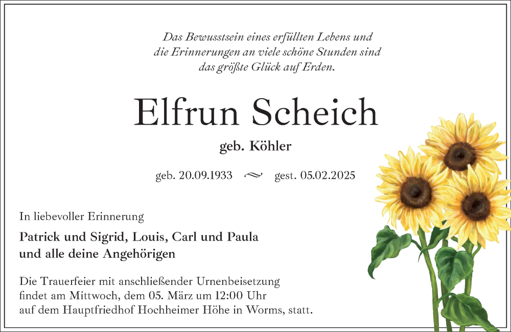  Traueranzeige für Elfrun Scheich vom 01.03.2025 aus Wormser Zeitung