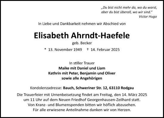 Traueranzeige von Elisabeth Ahrndt-Haefele von Darmstädter Echo
