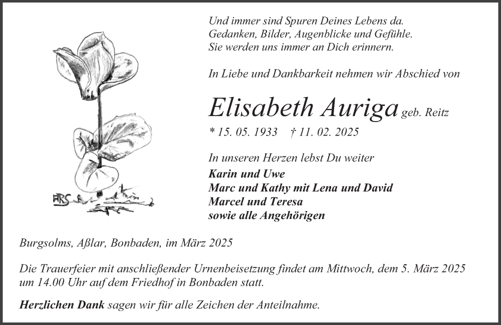  Traueranzeige für Elisabeth Auriga vom 03.03.2025 aus Wetzlarer Neue Zeitung