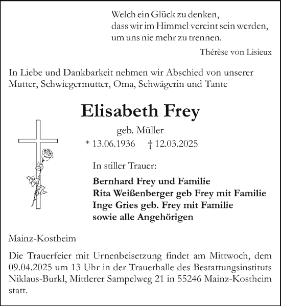 Traueranzeige von Elisabeth Frey von Allgemeine Zeitung Mainz