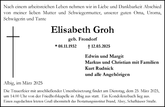 Traueranzeige von Elisabeth Groh von Allgemeine Zeitung Alzey