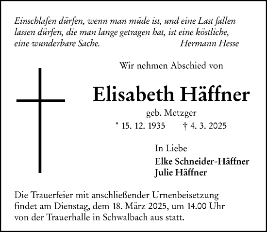 Traueranzeige von Elisabeth Häffner von Wetzlarer Neue Zeitung