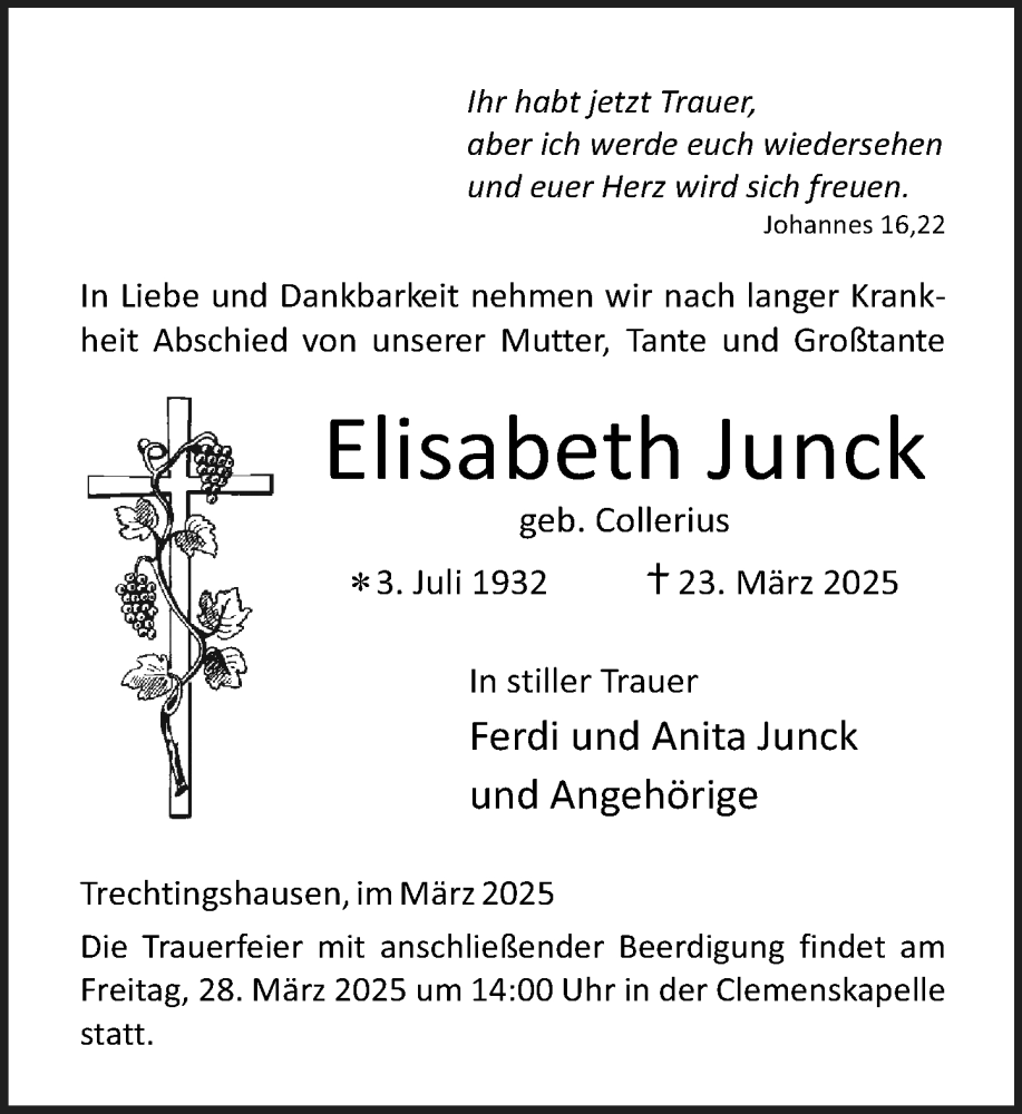  Traueranzeige für Elisabeth Junck vom 26.03.2025 aus Allgemeine Zeitung Rheinhessen-Nahe