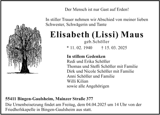 Traueranzeige von Elisabeth Maus von Allgemeine Zeitung Rheinhessen-Nahe