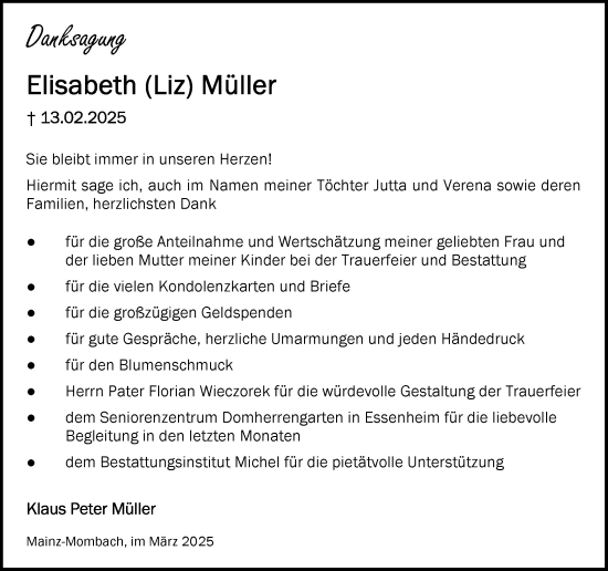Traueranzeige von Elisabeth Müller von Allgemeine Zeitung Mainz