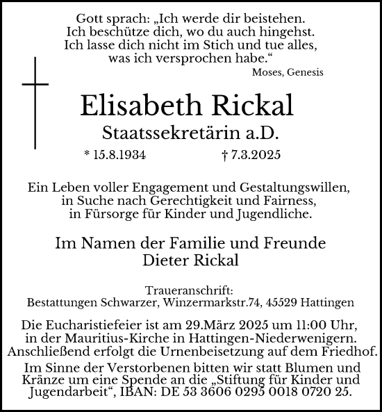 Traueranzeige von Elisabeth Rickal von Allgemeine Zeitung Mainz