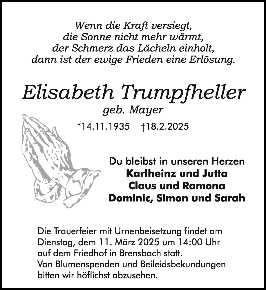  Traueranzeige für Elisabeth Trumpfheller vom 08.03.2025 aus Odenwälder Echo