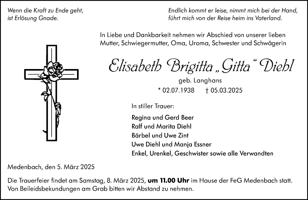  Traueranzeige für Elisabeth Brigitta Diehl vom 07.03.2025 aus Dill Block