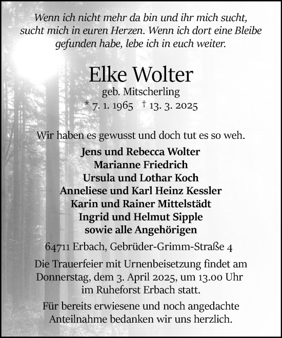 Traueranzeige von Elke Wolter von Odenwälder Echo